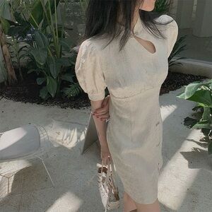 NWT Elegant Cream Puff Sleeve Dress (Qipao)